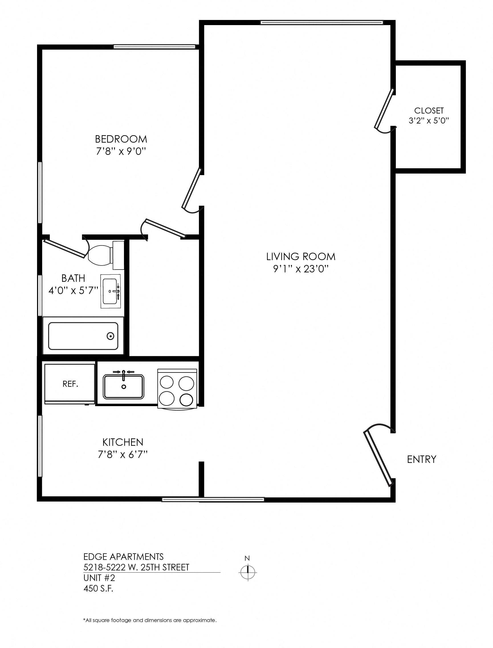 Floor plan for 1 bed, 1 bath, 450 sqft